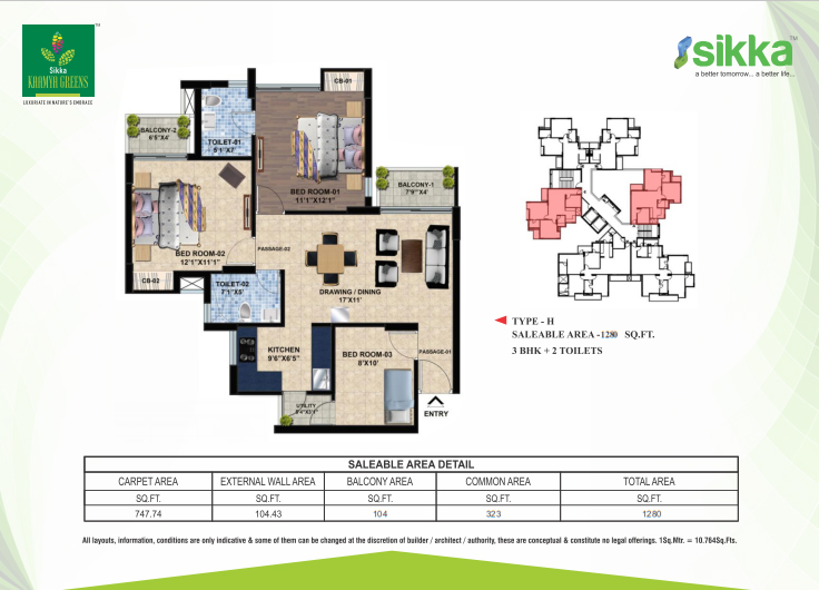 3BHK 1280 sqft