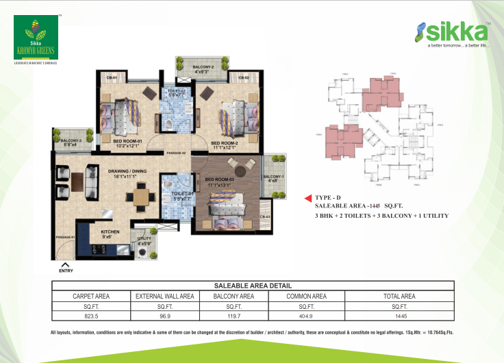 3BHK 1445 sqft